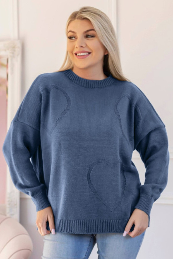 Sweter damski w kolorze denim okrągły dekolt wytłoczone serca diana