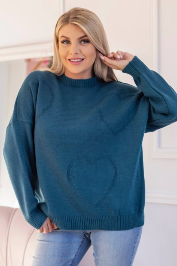 Sweter damski w kolorze morskim okrągły dekolt wytłoczone serca diana