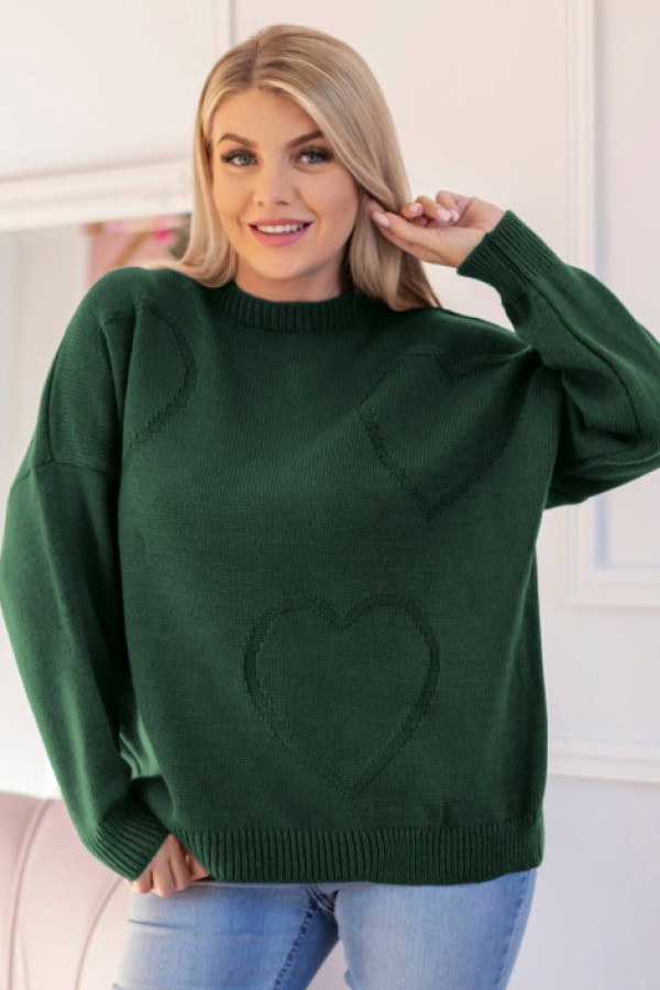 Sweter damski w kolorze butelkowym okrągły dekolt wytłoczone serca diana