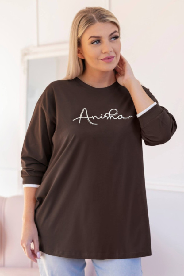 Lekka bluza damska w kolorze czekoladowym haftowany napis dżety basma