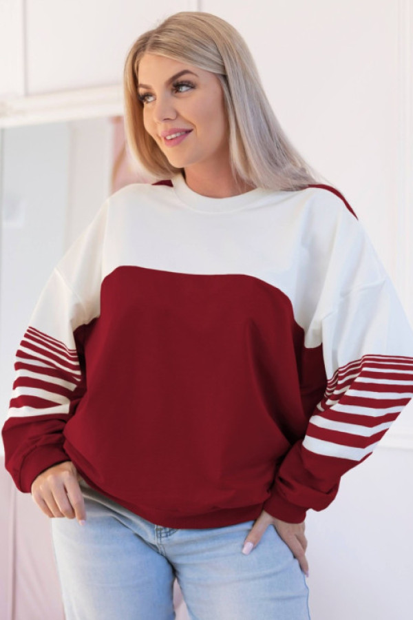 Bluza damska plus size w kolorze ecru burgundowym okrągły dekolt naszywka marita