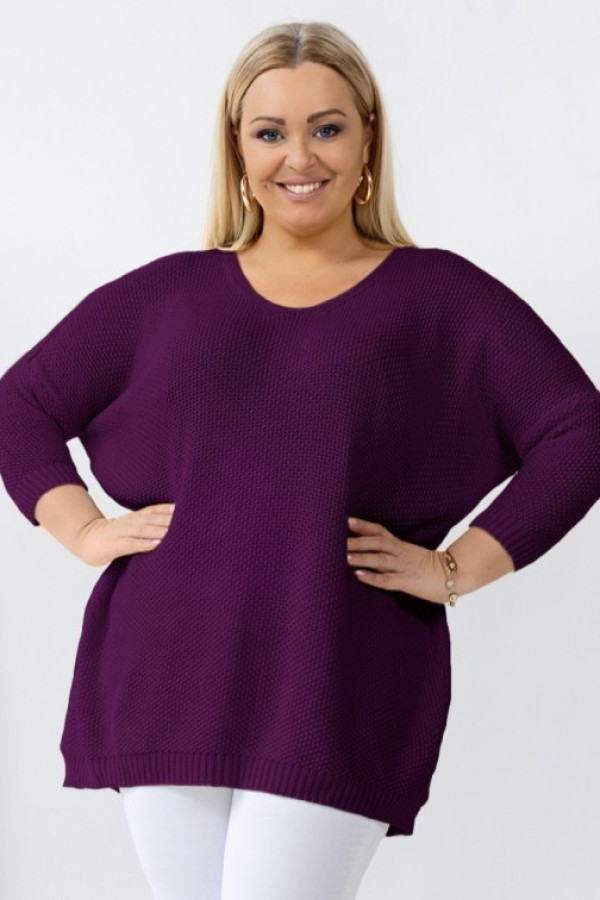 Mega oversize sweter damski w kolorze śliwkowym dekolt v wzór ryżyk luis