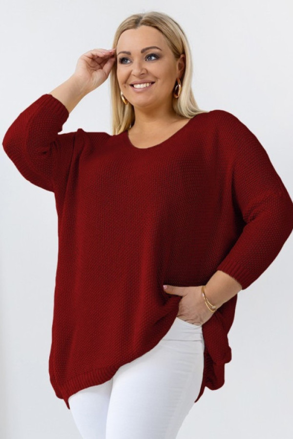 Mega oversize sweter damski w kolorze bordowym dekolt v wzór ryżyk luis