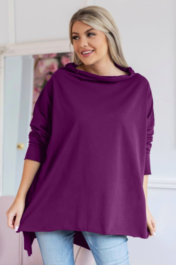 Luźna bluzka damska plus size w kolorze amarantowym dłuższy tył półgolf woda madison