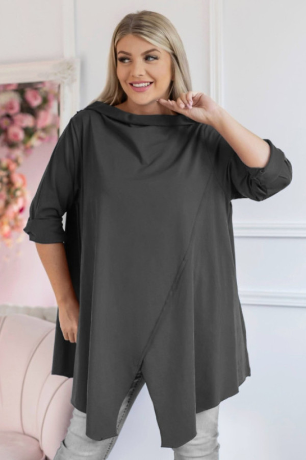Luźna tunika plus size w kolorze grafitowym boki rogi przeszycia półgolf woda paola