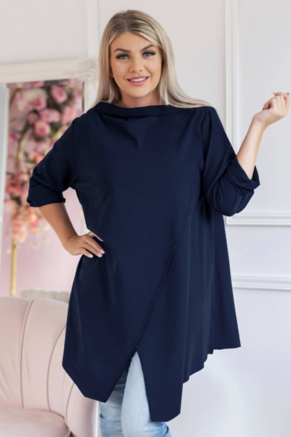 Luźna tunika plus size w kolorze granatowym boki rogi przeszycia półgolf woda paola