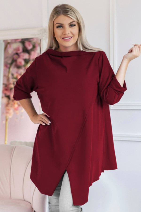 Luźna tunika plus size w kolorze burgundowym boki rogi przeszycia półgolf woda paola