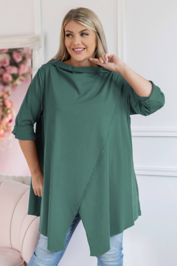 Luźna tunika plus size w kolorze zielonego mchu boki rogi przeszycia półgolf woda paola