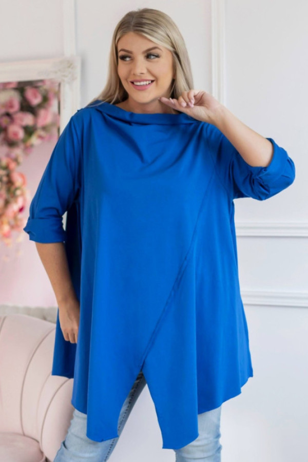 Luźna tunika plus size w kolorze chabrowym boki rogi przeszycia półgolf woda paola