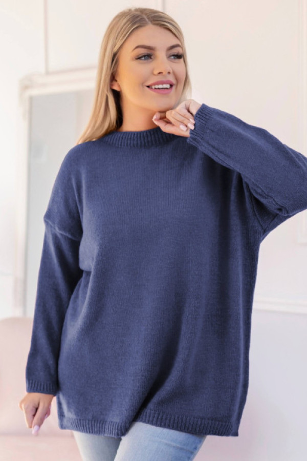 Sweter damski plus size w kolorze denim okrągły dekolt ruby