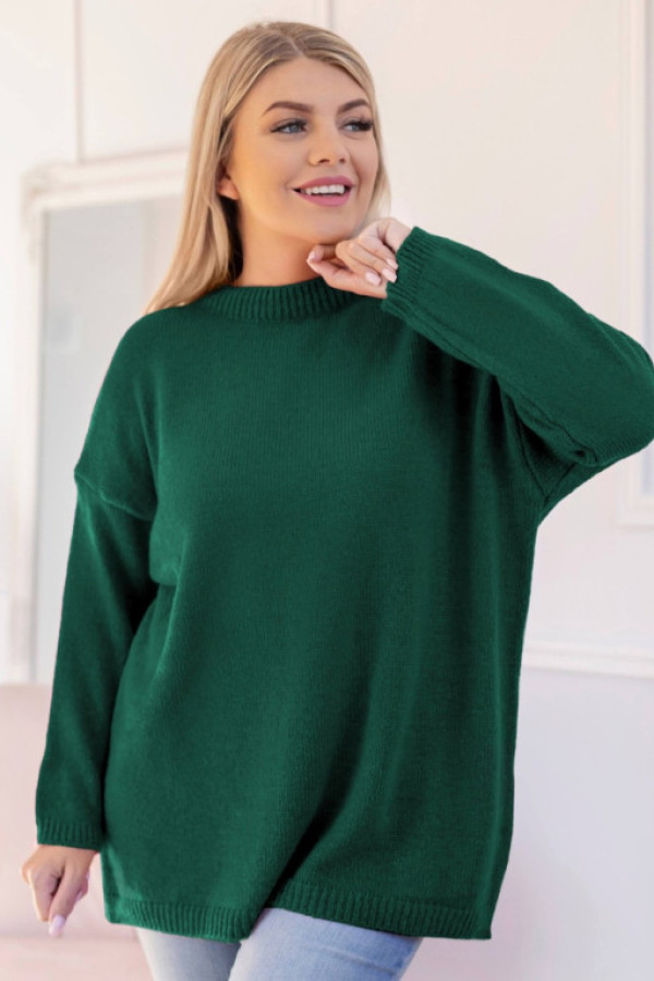 Sweter damski plus size w kolorze butelkowym okrągły dekolt ruby