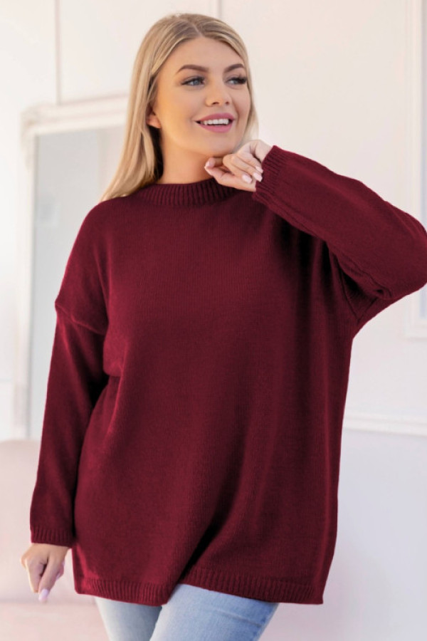 Sweter damski plus size w kolorze burgundowym okrągły dekolt ruby