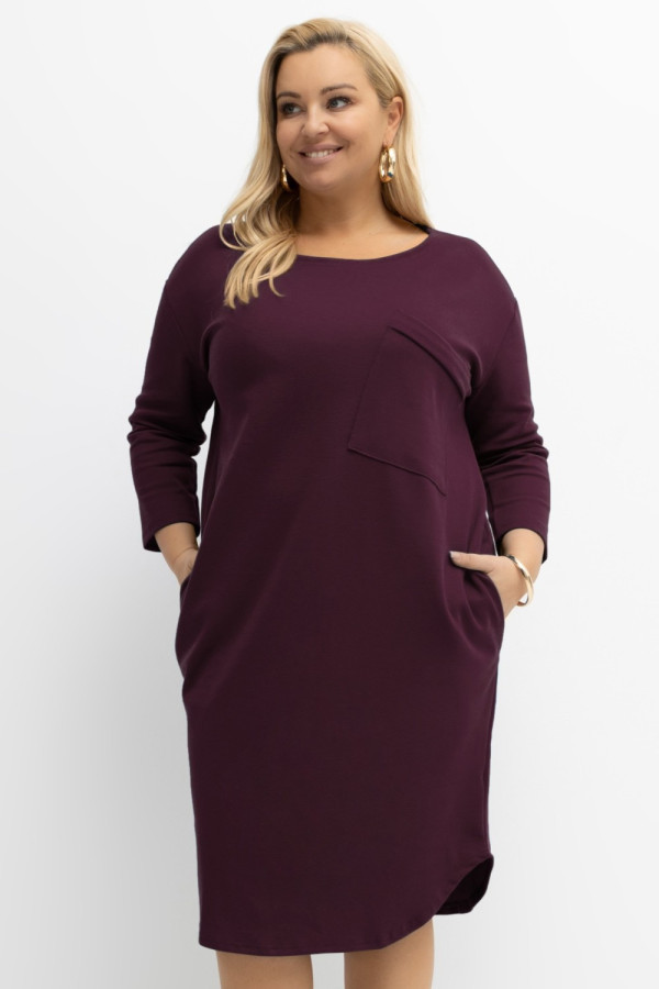 Sukienka plus size w kolorze śliwkowym rękawy 3/4 duża kieszeń daniela