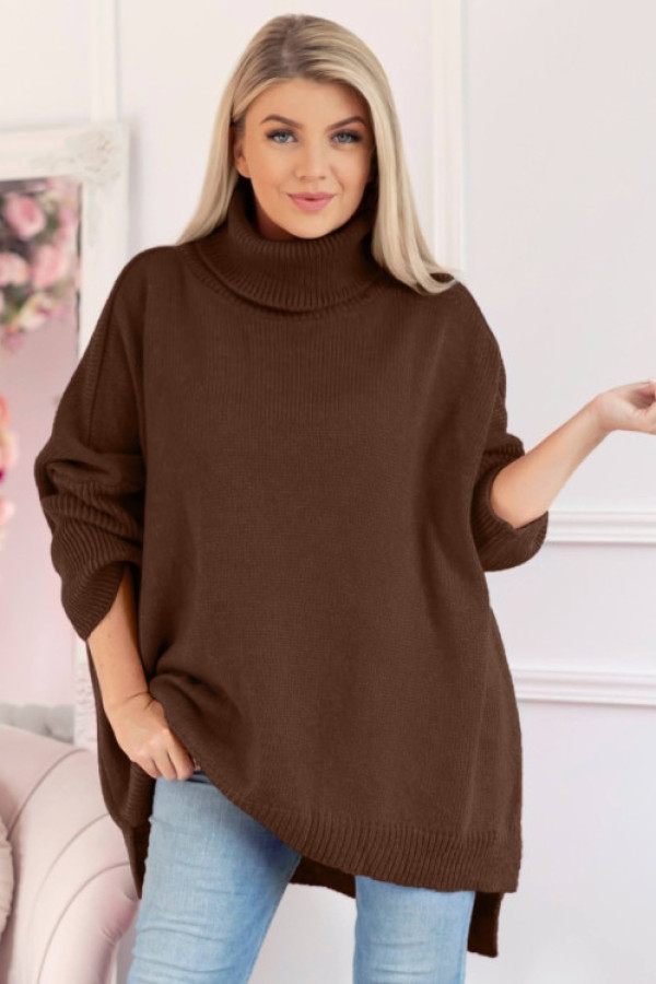 Sweter damski oversize w kolorze czekoladowym golf dłuższy tył luke