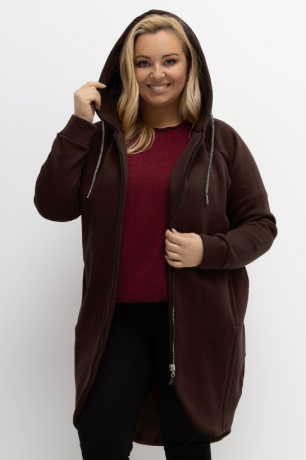 Ciepła bluza damska w kolorze czekoladowym z kapturem na zamek narzutka sigma