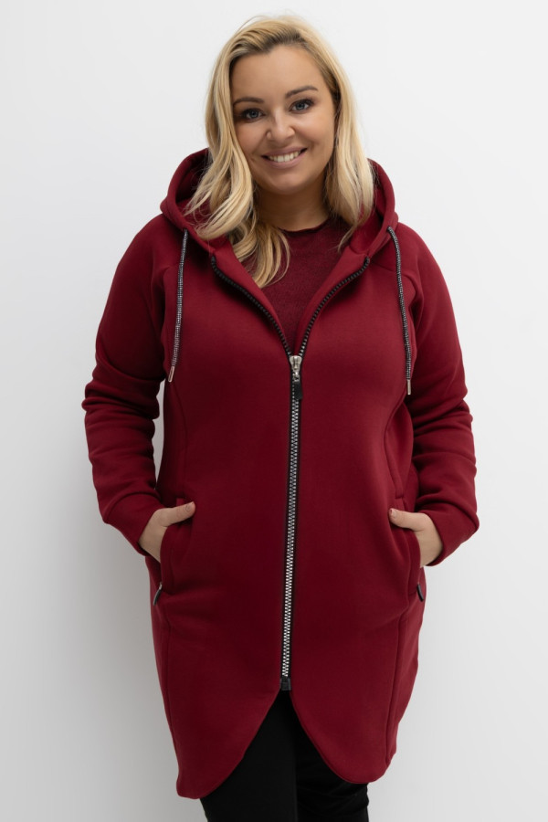 Ciepła bluza damska w kolorze burgundowym z kapturem na zamek narzutka sigma