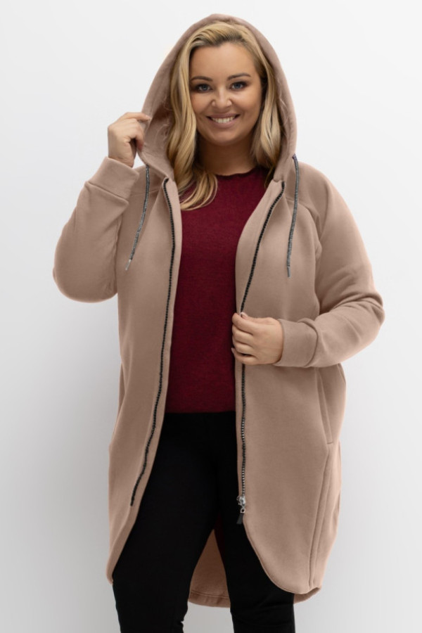 Ciepła bluza damska w kolorze beżowym z kapturem na zamek narzutka sigma