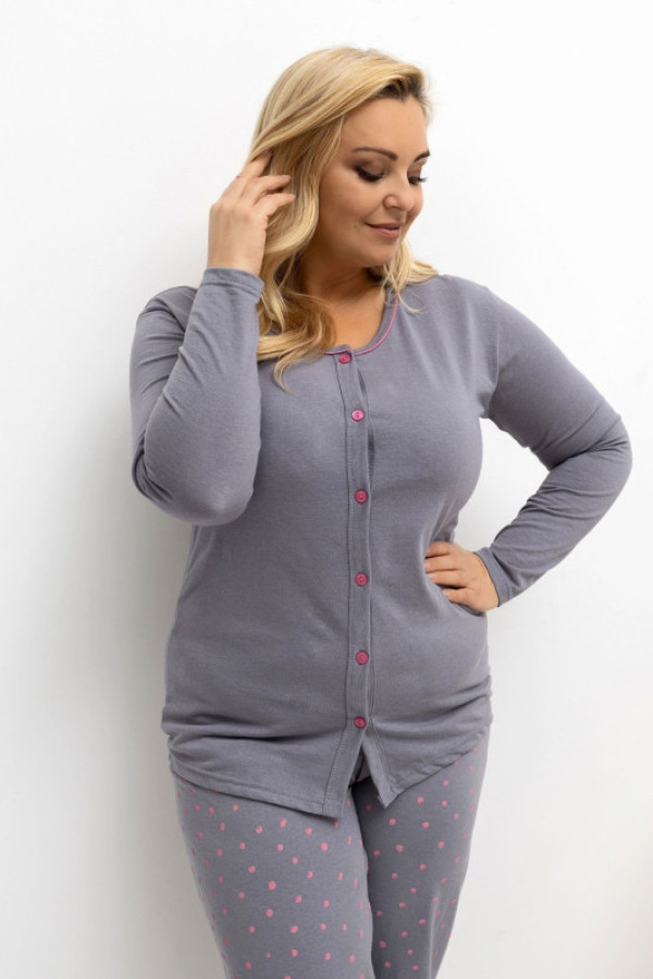 Piżama damska plus size w kolorze szarym komplet bluzka + spodnie kropki kendi