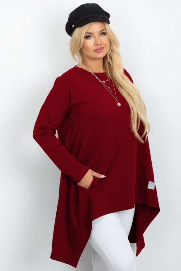 Asymetryczna tunika plus size w kolorze burgundowym z kieszeniami dłuższy tył emily