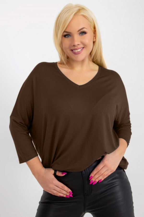 Bluzka damska plus size w kolorze czekoladowym oversize w serek alita