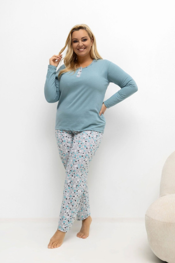Piżama damska plus size w kolorze dark mint komplet bluzka + spodnie kwiatki lami