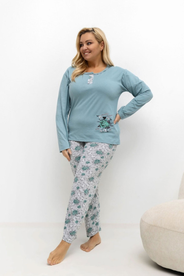 Piżama damska plus size w kolorze dark mint komplet bluzka + spodnie róże sassy