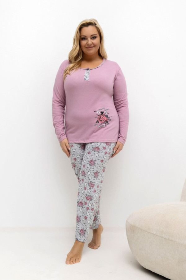 Piżama damska plus size w kolorze dark pink komplet bluzka + spodnie róże sassy
