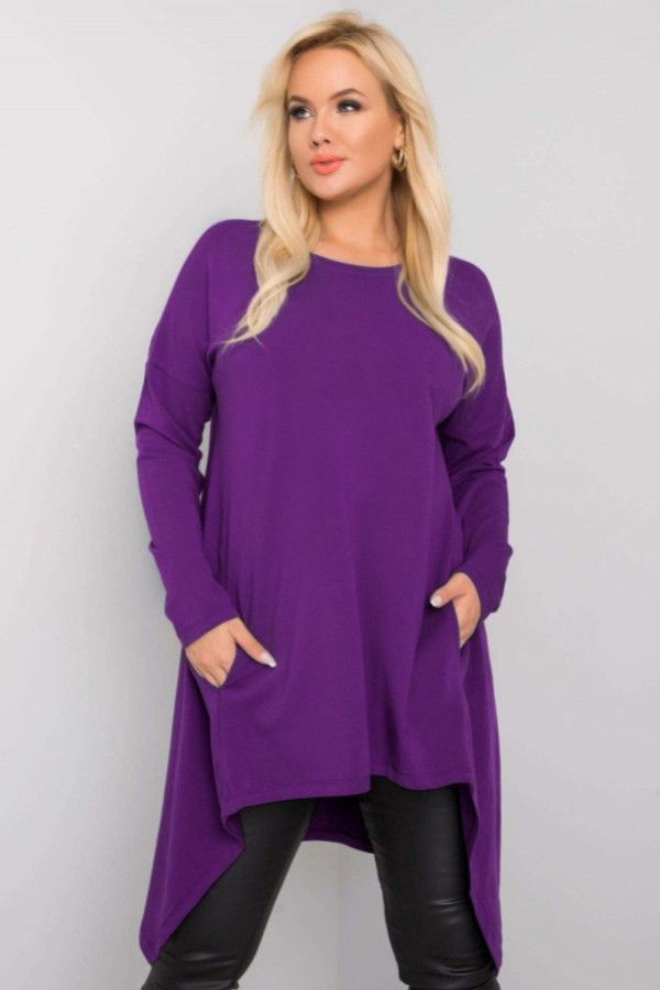 Asymetryczna tunika damska w kolorze jagodowym z kieszeniami dłuższy tył loren