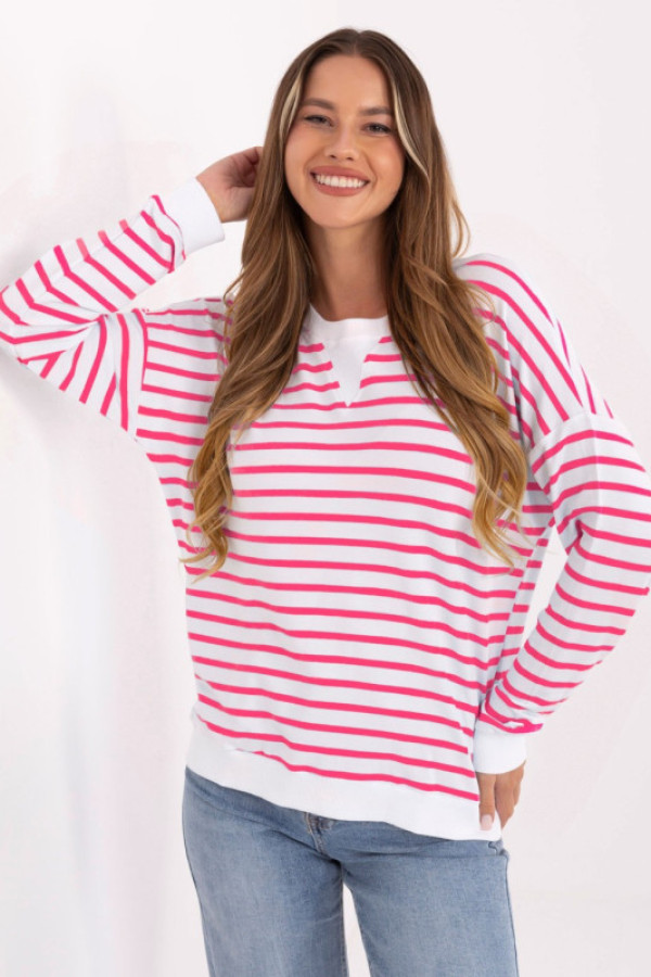 Lekka bluzka damska plus size w kolorze biało-malinowym paski etan