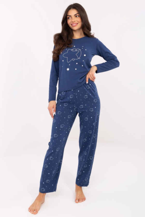 Piżama damska w kolorze granatowym komplet bluzka + spodnie kotek gwiazdki
