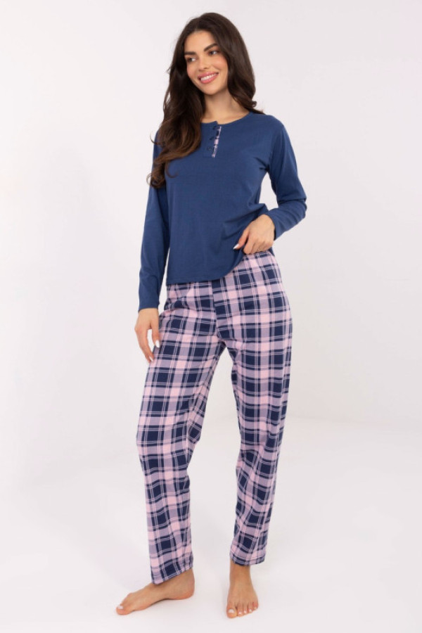 Piżama damska w kolorze granatowym komplet bluzka + spodnie krateczka