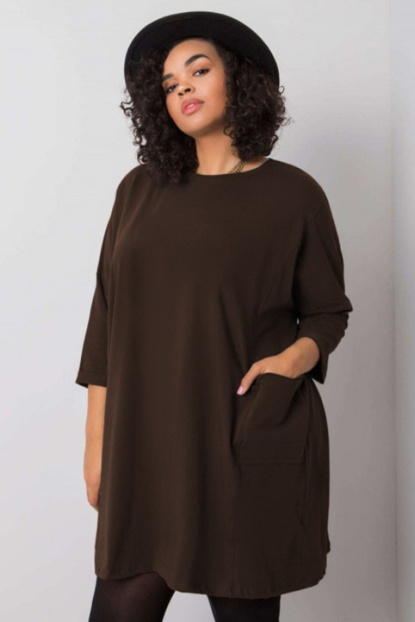Mega oversize tunika plus size w kolorze czekoladowym z kieszeniami kama