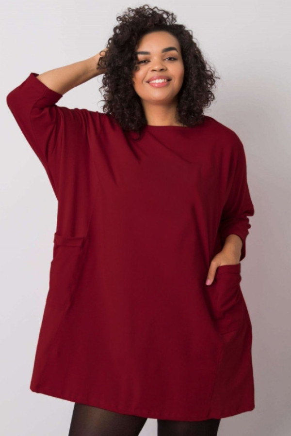 Mega oversize tunika plus size w kolorze burgundowym z kieszeniami kama