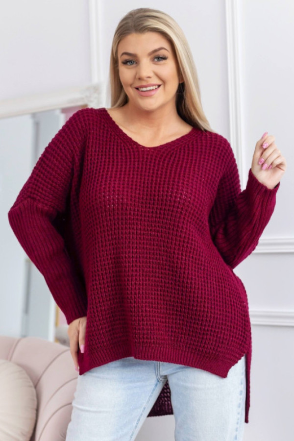 Sweter damski oversize w kolorze burgundowym dekolt w serek dłuższy tył diego