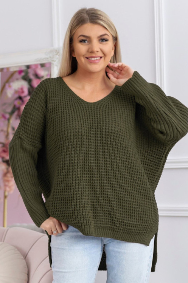 Sweter damski oversize w kolorze khaki dekolt w serek dłuższy tył diego