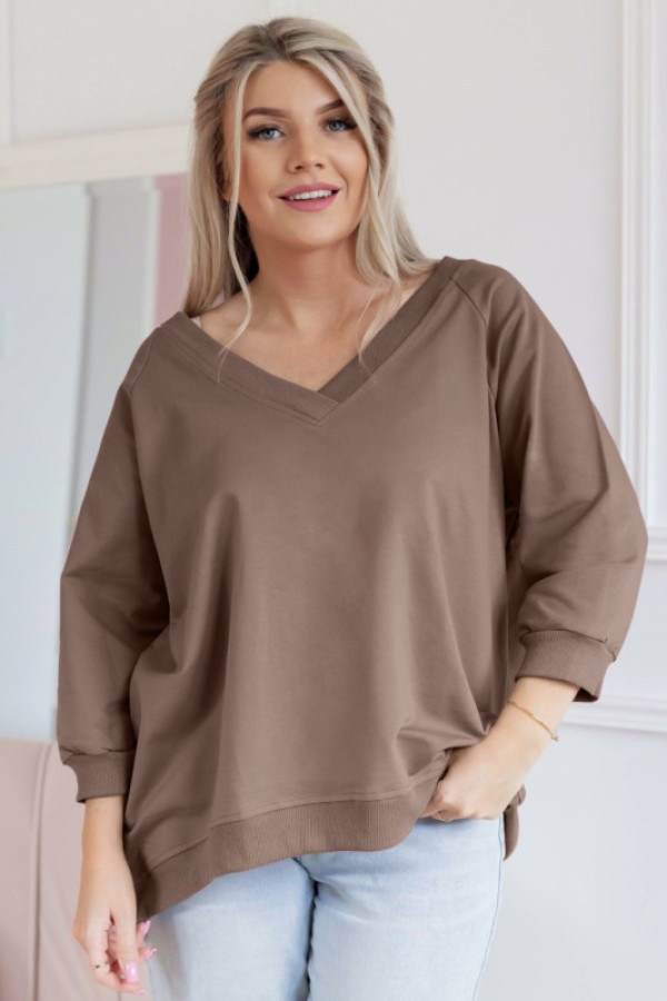Bluza damska w kolorze mokka oversize basic rękaw 3/4 dekolt v-neck marcela