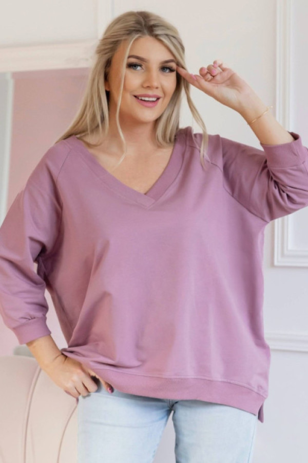 Bluza damska w kolorze brudnego różu oversize basic rękaw 3/4 dekolt v-neck marcela