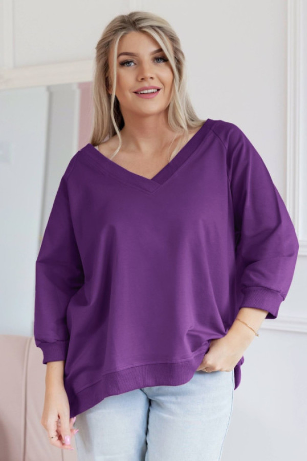Bluza damska w kolorze jagodowym oversize basic rękaw 3/4 dekolt v-neck marcela