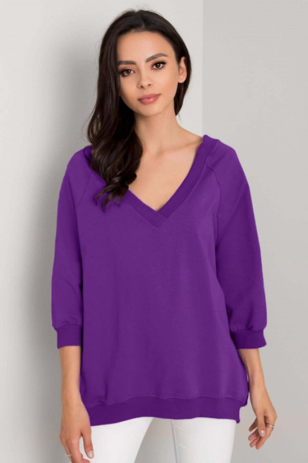 Bluza damska w kolorze jagodowym oversize basic rękaw 3/4 dekolt v-neck marcela