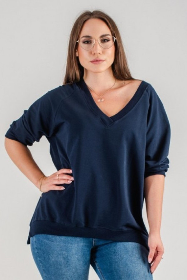 Bluza damska w kolorze granatowym oversize basic rękaw 3/4 dekolt v-neck marcela