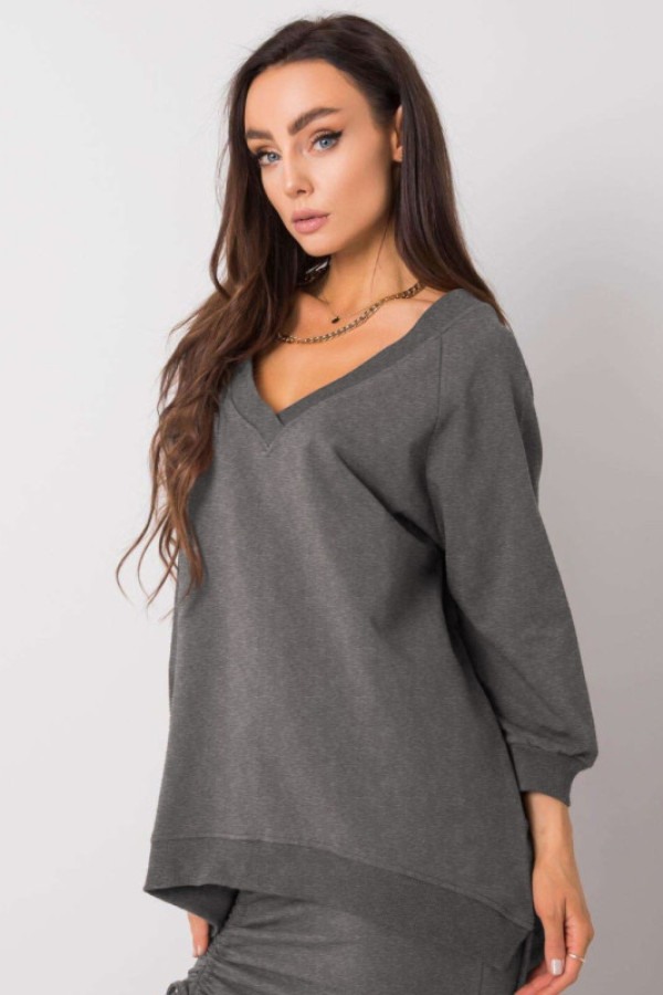 Bluza damska w kolorze grafitowy melanż oversize basic rękaw 3/4 dekolt v-neck marcela