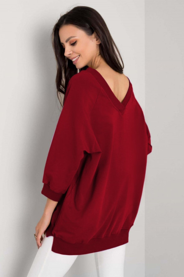 Bluza damska w kolorze bordowym oversize basic rękaw 3/4 dekolt v-neck marcela