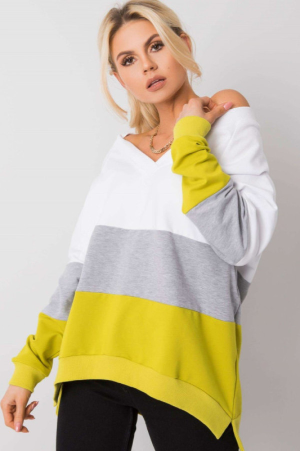 Bluza w kolorze limonki oversize w pasy dekolt w serek v-neck iduna