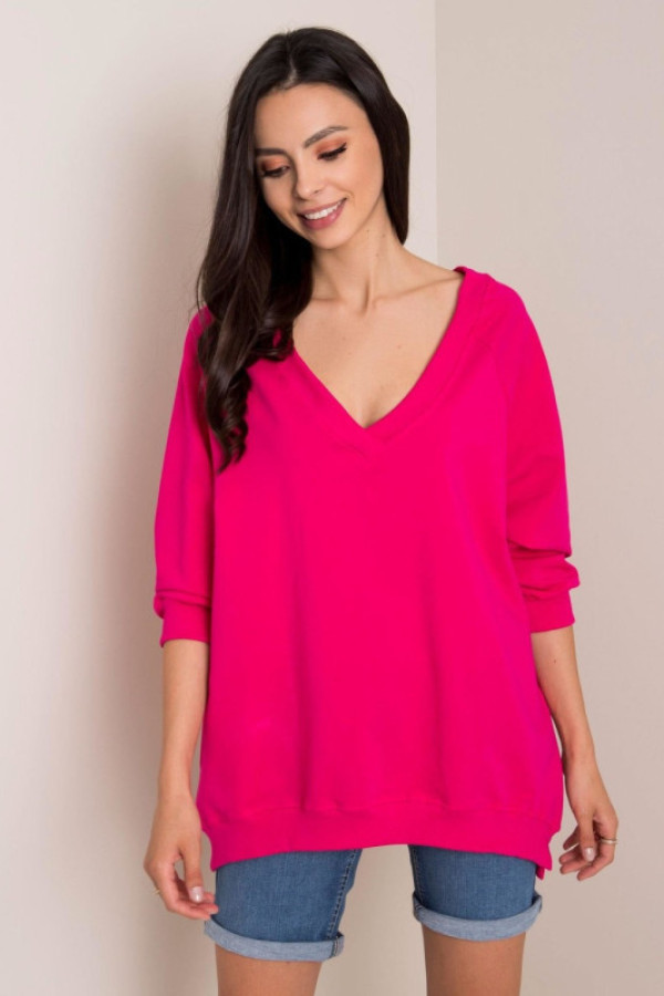Bluza damska w kolorze fuksji oversize basic rękaw 3/4 dekolt v-neck marcela