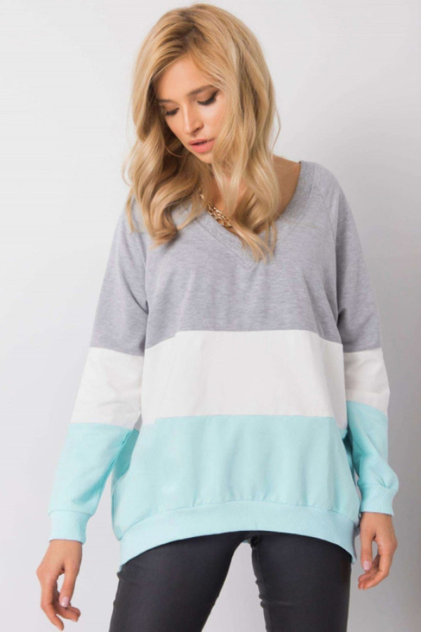 Bluza w kolorze miętowym oversize w pasy dekolt w serek v-neck iduna