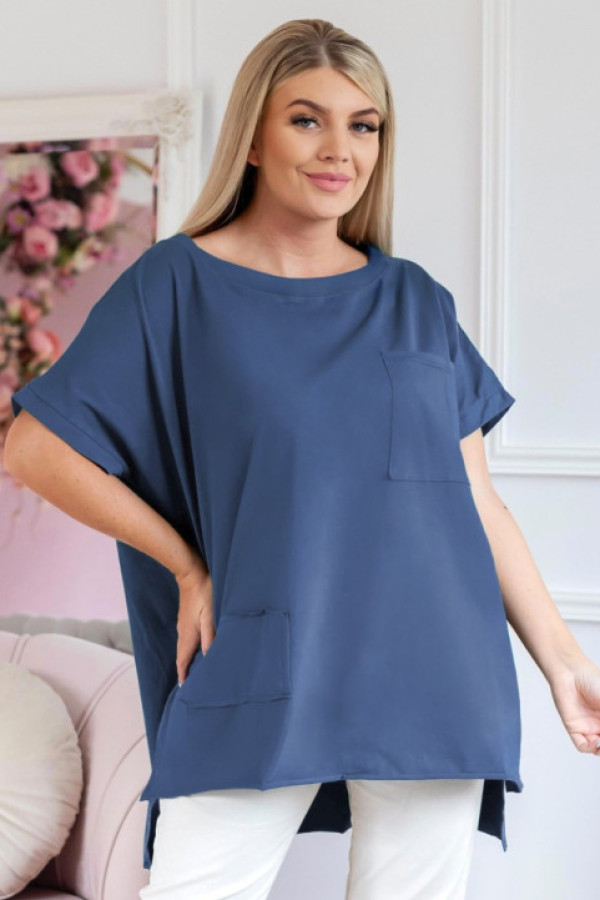 Bluzka oversize w kolorze denim dłuższy tył kieszeń tanisha