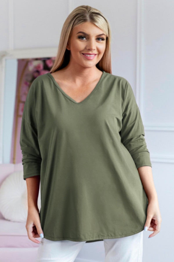Tunika damska bluzka oversize w kolorze khaki dłuższy tył dekolt v serek chandi