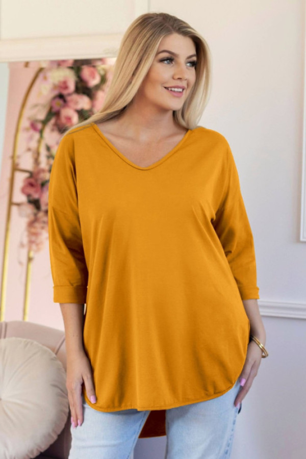 Casualowa damska bluzka w kolorze musztardowym dłuższy tył dekolt v serek chandi