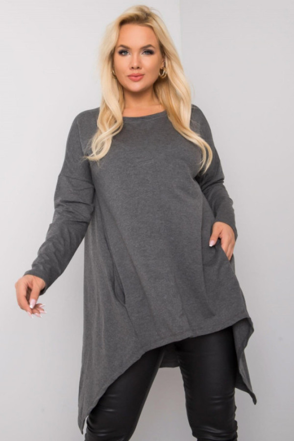 Asymetryczna tunika damska w kolorze grafitowym z kieszeniami dłuższy tył loren