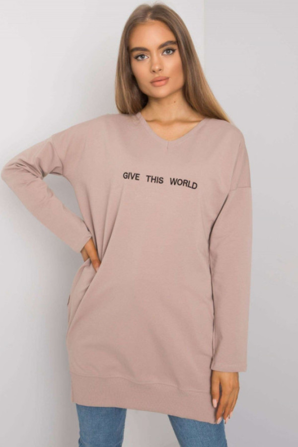 Tunika dresowa bluza z kieszeniami w kolorze beżowym dekolt w serek v reena